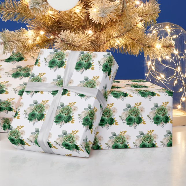 Papel De Regalo Flores elegantes verde oscuro y dorado (Vacaciones)