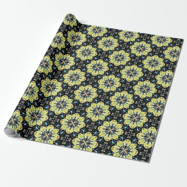 Papel De Regalo Flores estilizadas Patrón geométrico amarillo y ne (Desenrollado)