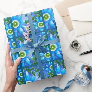 Papel De Regalo Flores florales florales brillantes de color azul 
