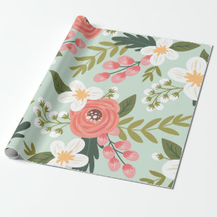 Papel De Regalo Flores folclóricas exuberantes en verde menta