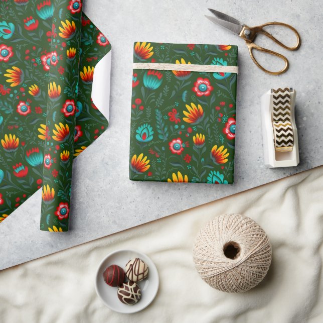 Papel De Regalo Flores folclóricas polacas Wycinanki Green (Artesanía)