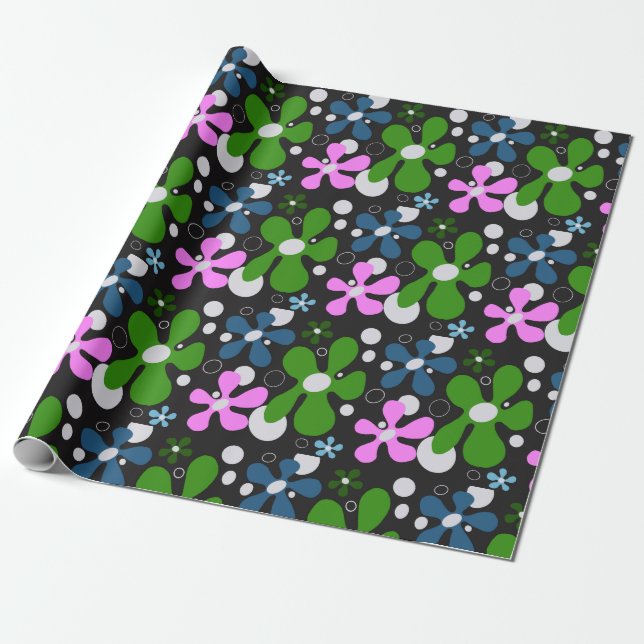 Papel De Regalo Flores funky azules, verdes y rosas (Desenrollado)