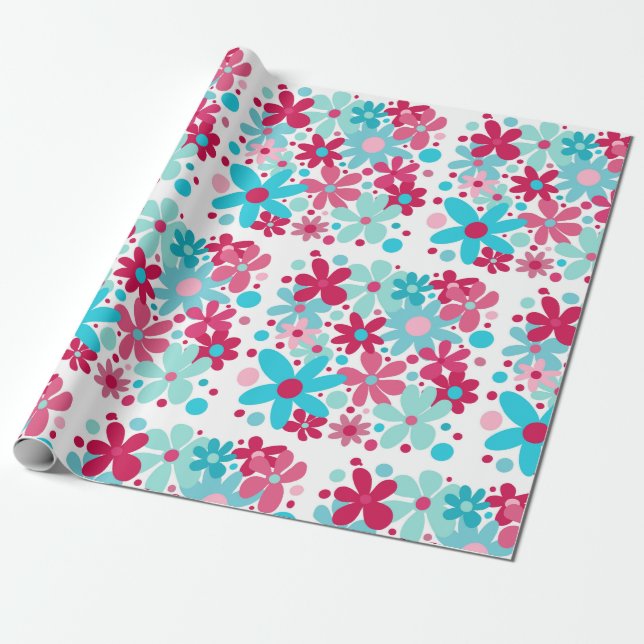 Papel De Regalo Flores funky azules y rosas (Desenrollado)