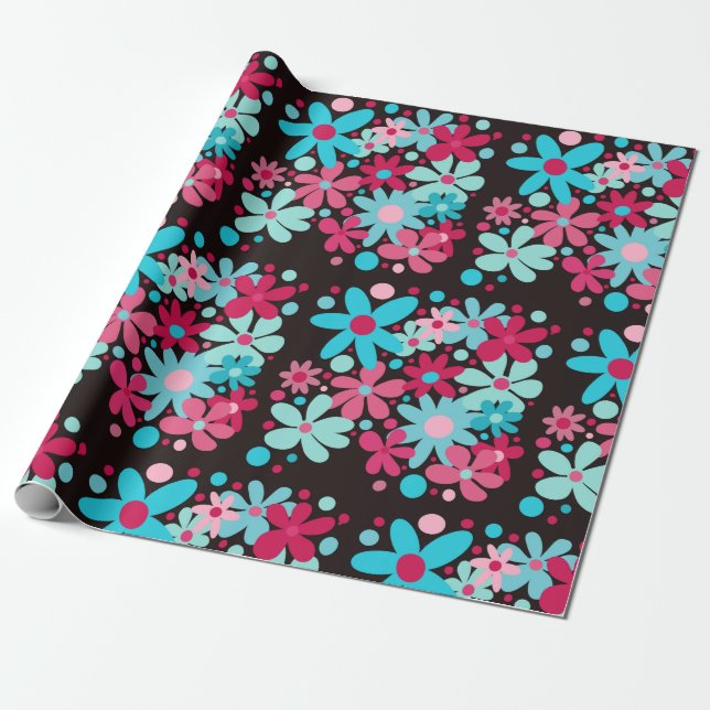 Papel De Regalo Flores funky azules y rosas (Desenrollado)