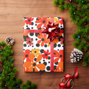 Papel De Regalo Flores funky naranja y puntos de polka negro