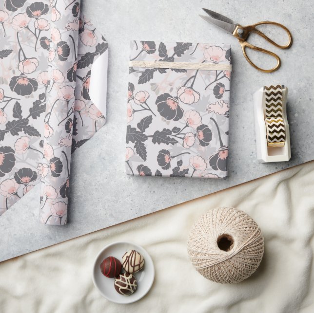 Papel De Regalo Flores grises rosadas elegantes (Artesanía)