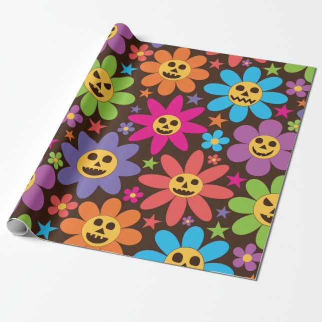 Papel De Regalo Flores Groovy Spooky de Halloween (Desenrollado)