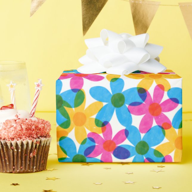 Papel De Regalo Flores Hippie Brillantes y Negrita Floral Retro (Fiesta de cumpleaños )