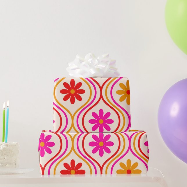 Papel De Regalo Flores hippie retro sobre el naranja rosado del Na (Regalos de fiesta)