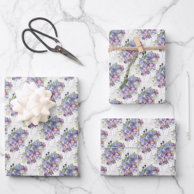 Papel de regalo - Flores lavanda y rosadas (Anverso)