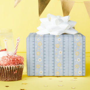 Papel De Regalo Flores Lindas Rayas y Borde de Encaje en Azul Polv