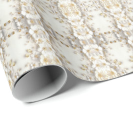 Papel de Regalo Flores Marfil Blanco Hojas Doradas