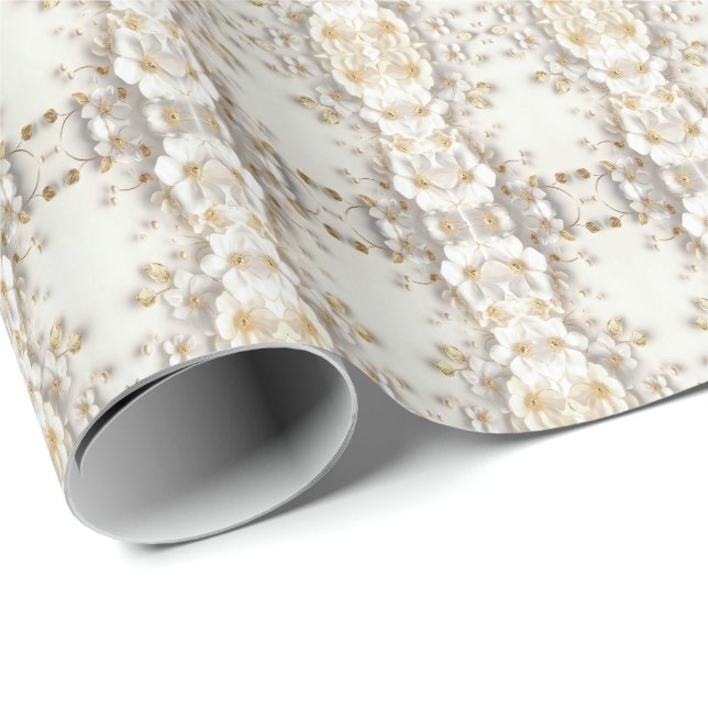 Papel de Regalo Flores Marfil Blanco Hojas Doradas (Esquina del rollo)