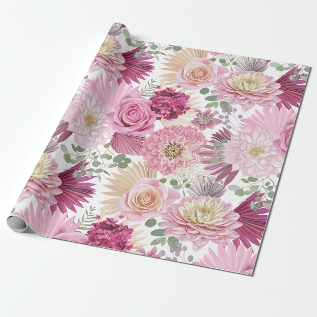 Papel De Regalo Flores mixtas de jardín rosado (Desenrollado)