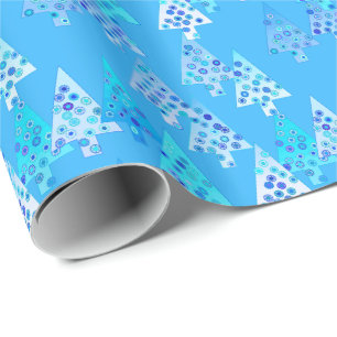 Papel De Regalo Flores modernas árboles de Navidad - azul cielo
