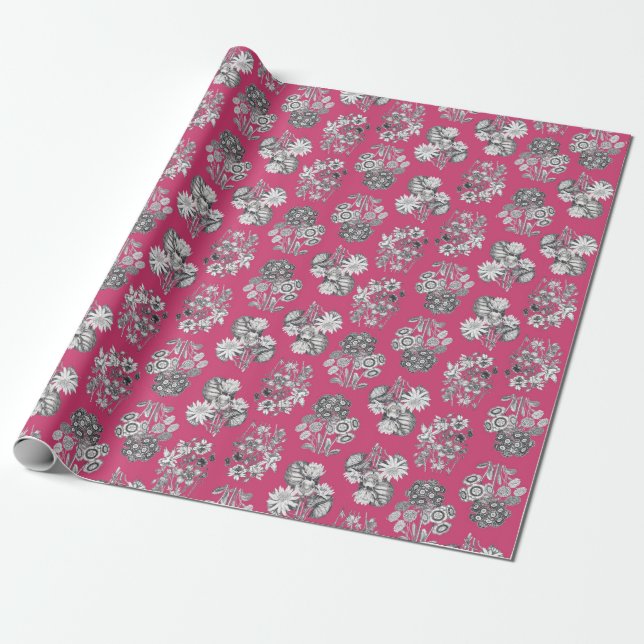Papel De Regalo Flores monocromas sobre el fondo de Cerise Giftwra (Desenrollado)