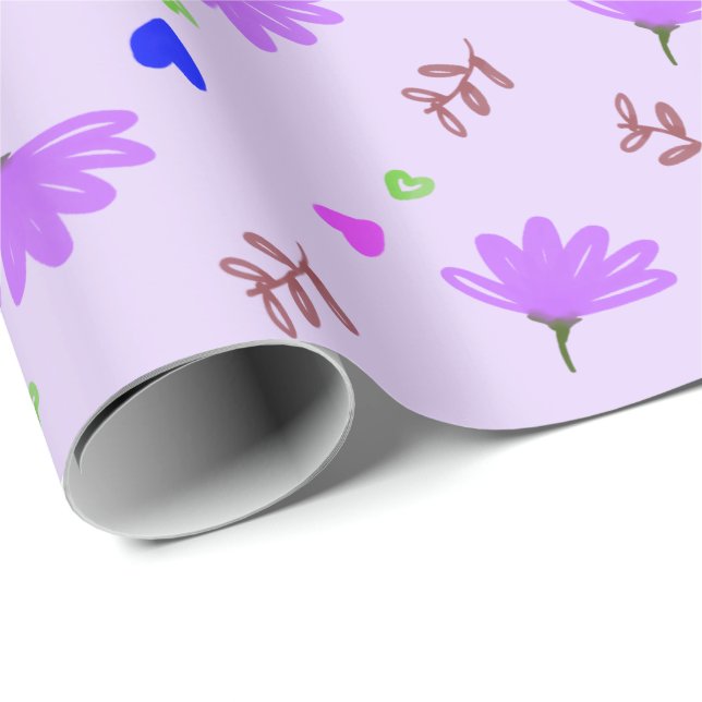 Papel De Regalo Flores moradas Corazón azul (Esquina del rollo)