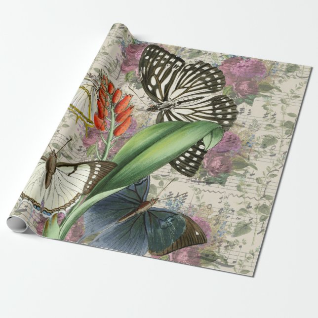 Papel De Regalo Flores moradas, mariposas con música (Desenrollado)