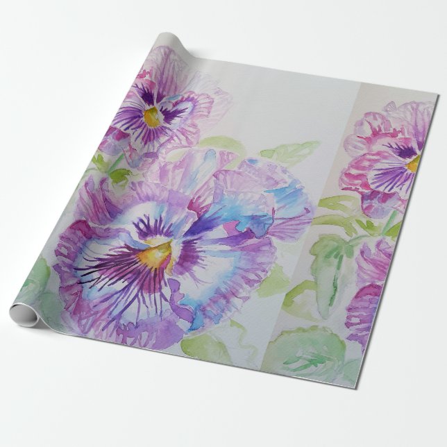 Papel De Regalo Flores moradas Pansy floral Acuarela Envoltura (Desenrollado)
