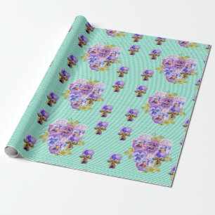 Papel De Regalo Flores moradas Pansy floral Aqua Stripe Envuelto