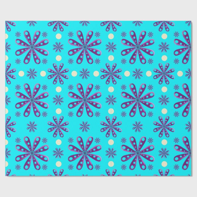 Papel De Regalo Flores Moradas Retro sobre Fondo Azul (Superficie plana)