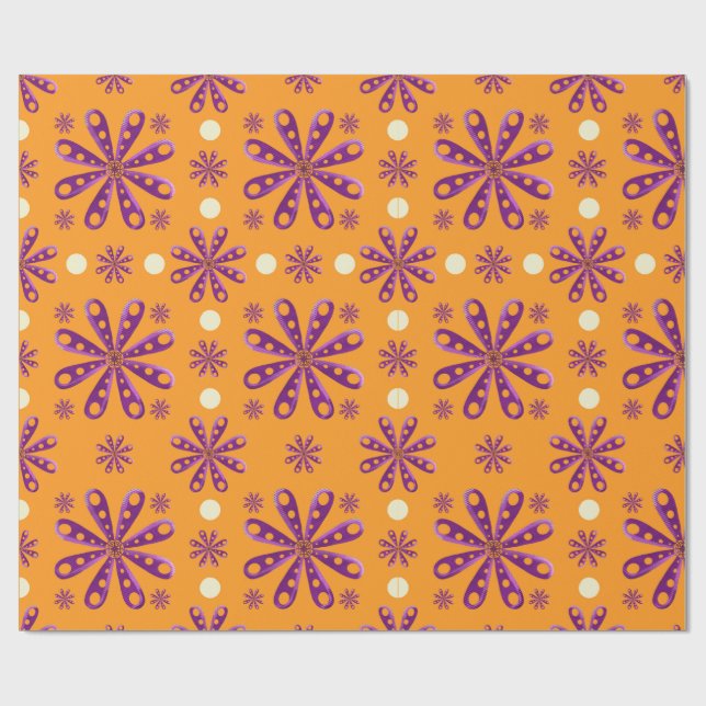 Papel De Regalo Flores Moradas Retro sobre Fondo Naranja (Superficie plana)