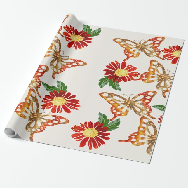 Papel De Regalo flores naranjas bonitas y mariposas (Desenrollado)