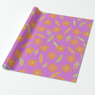 Papel De Regalo Flores naranjas y caricias verdes sobre rosa brill