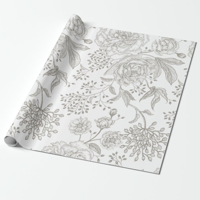 Papel De Regalo Flores negras monocromas grises neutros  (Desenrollado)