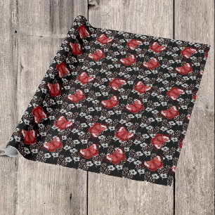 Papel De Regalo Flores negras y blancas con mariposas rojas