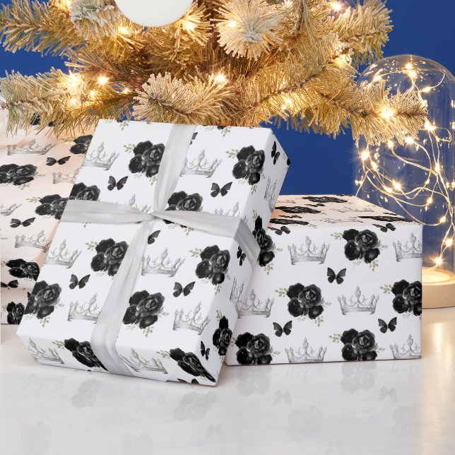Papel De Regalo Flores negras y coronas de plata (Vacaciones)