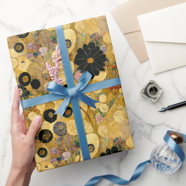 Papel De Regalo Flores negras y resumen de oro | Klimtesque (Regalar)