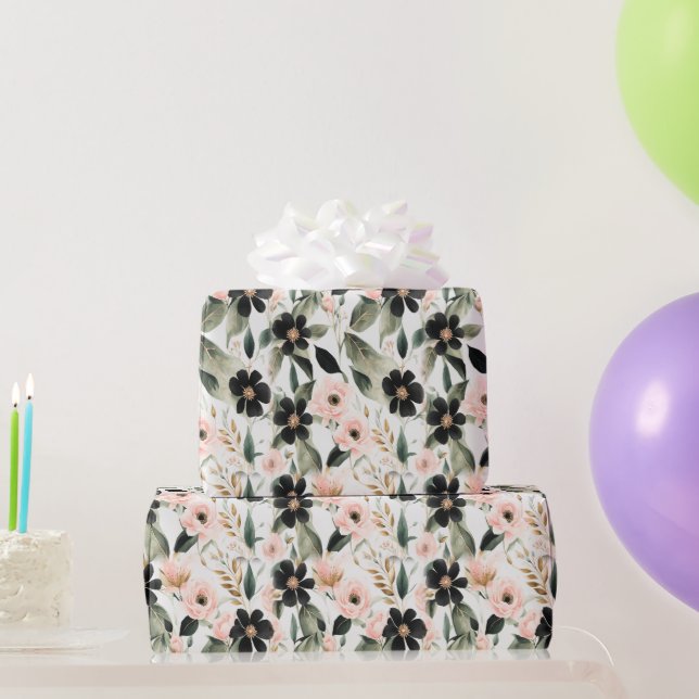 Papel De Regalo Flores negras y rosa caparazón (Regalos de fiesta)