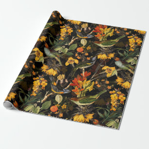 Papel De Regalo Flores nostálgicas rostálgicas y pájaros negros