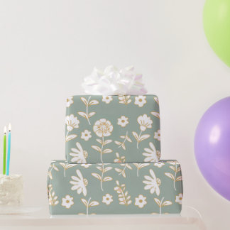 Papel De Regalo flores ocres en fondo verde aesthetic