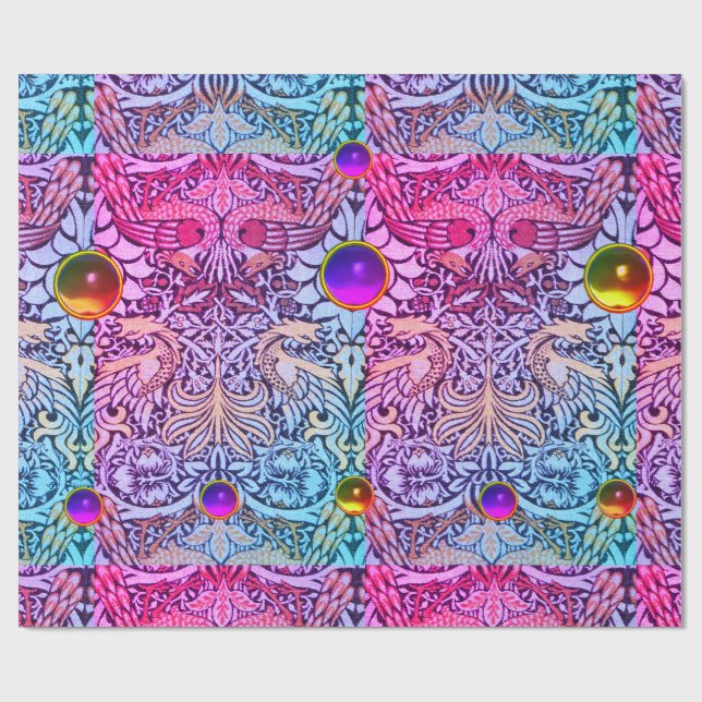 PAPEL DE REGALO FLORES, PÁQUINAS, DRAGONES, GEMAS AMARILLO ROJO (Superficie plana)