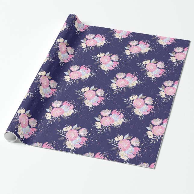 Papel De Regalo Flores pasteles acuarelas con acentos Purpurinas (Desenrollado)