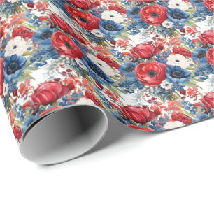 Papel De Regalo Flores Patrióticas Rojas Blancas y Azules
