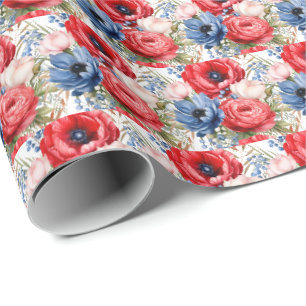 Papel De Regalo Flores Patrióticas Rojas Blancas y Azules