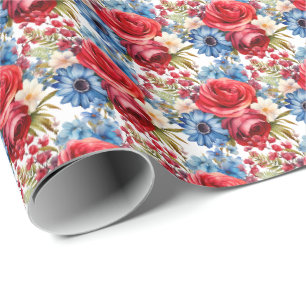 Papel De Regalo Flores Patrióticas Rojas Blancas y Azules