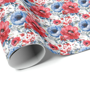 Papel De Regalo Flores Patrióticas Rojas Blancas y Azules