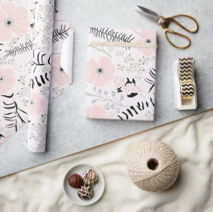 Papel De Regalo Flores Patrón Botánico Negro Rosa