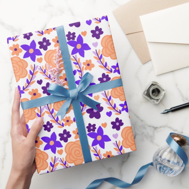 Papel De Regalo Flores Púrpura Y Naranja (Regalar)