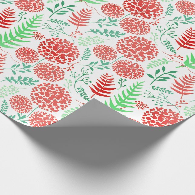 Papel De Regalo Flores redondas rojas patrón de hojas verdes (Esquina)