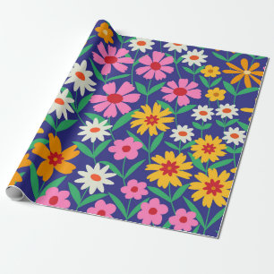 Papel De Regalo Flores Retro Coloridas Boho sobre Azul Marino