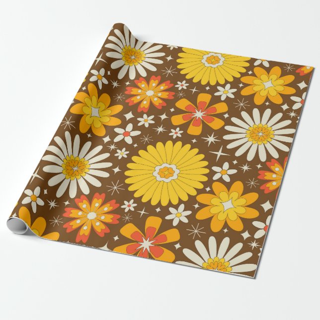 Papel De Regalo Flores retro de los 70 con explosiones atómicas en (Desenrollado)