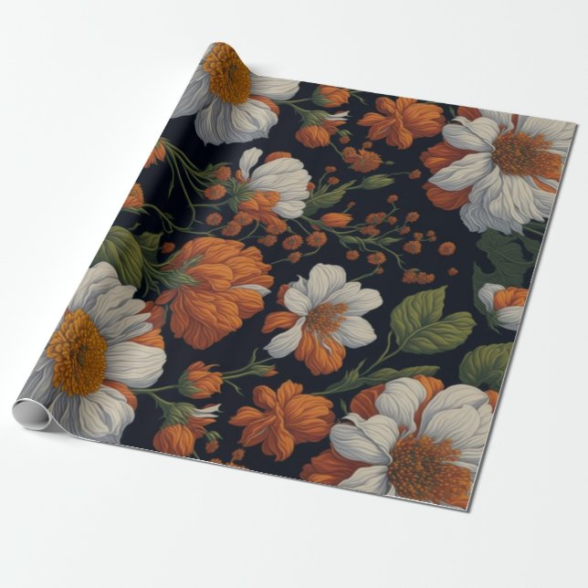 Papel De Regalo Flores retro elegantes y blancas de Naranja (Desenrollado)
