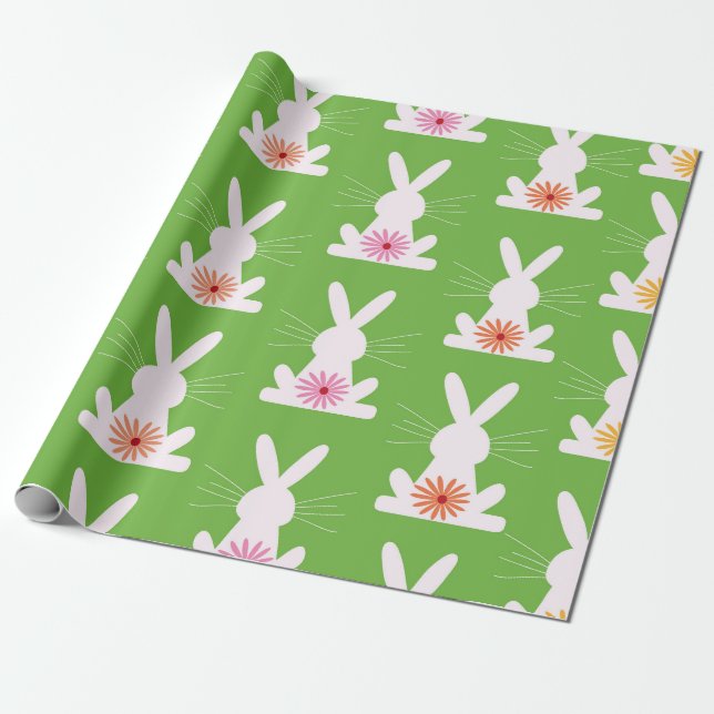 Papel De Regalo Flores retro en conejos blancos geométricos (Desenrollado)