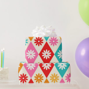 Papel De Regalo Flores Retro en Patrón de Diamantes de Siglo XX