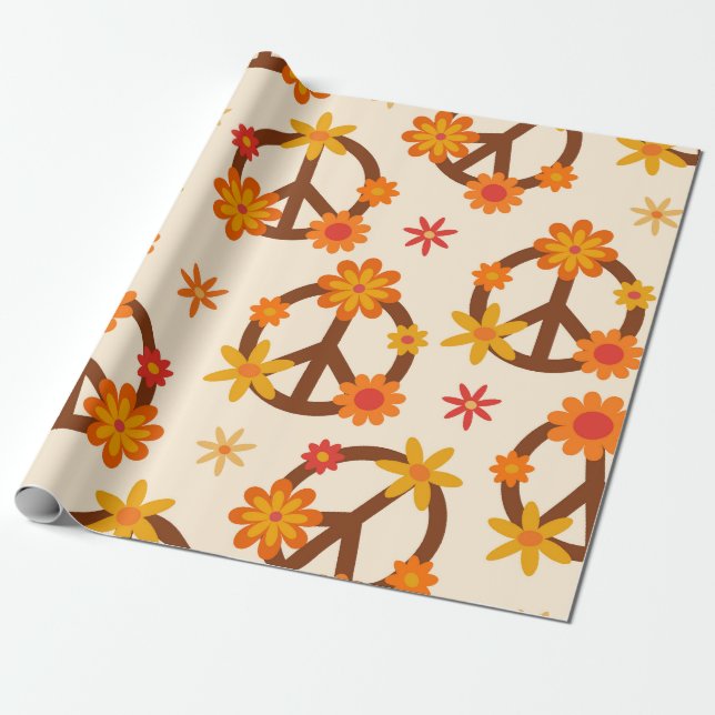 Papel De Regalo Flores Retro Geniales en Señales de Paz y Amor  (Desenrollado)